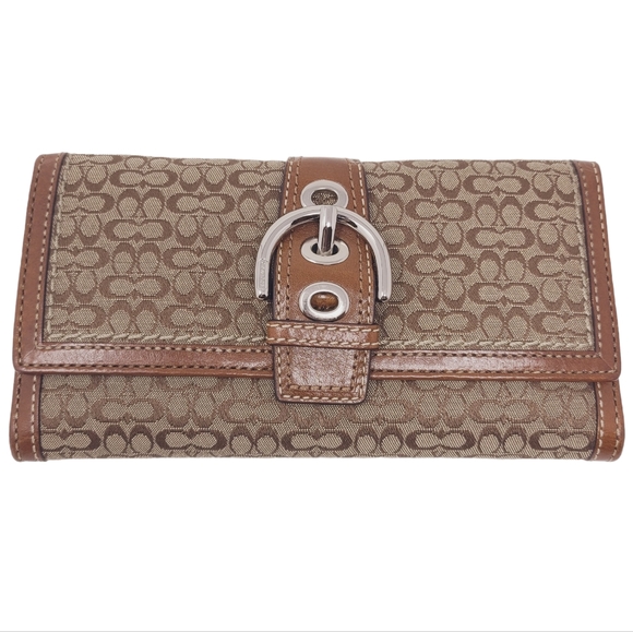 Coach Handbags - Coach | Mini Signature Logo Jacquard Soho Trifold Wallet Khaki British Tan